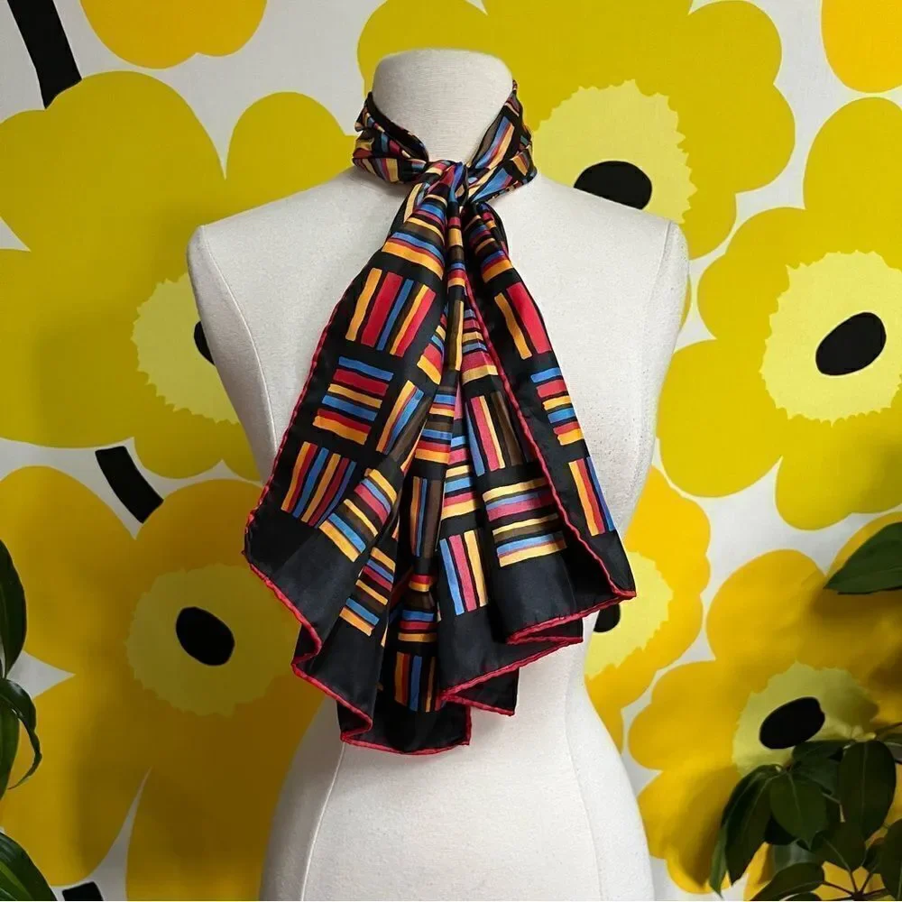 Mod Vintage 70s Primary Color Lines Geometric Hair Neck Bag Scarf